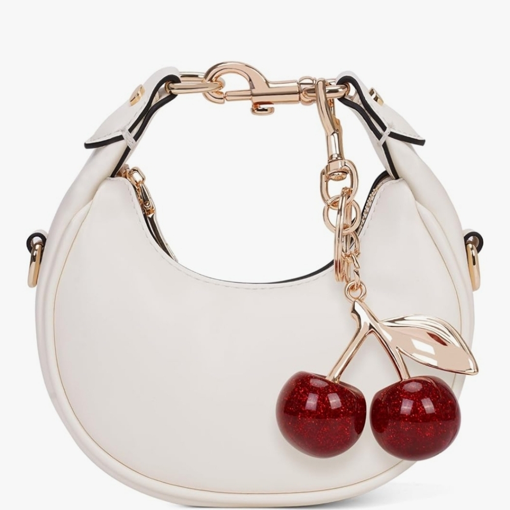Chic White Handbag with Cherry Charm